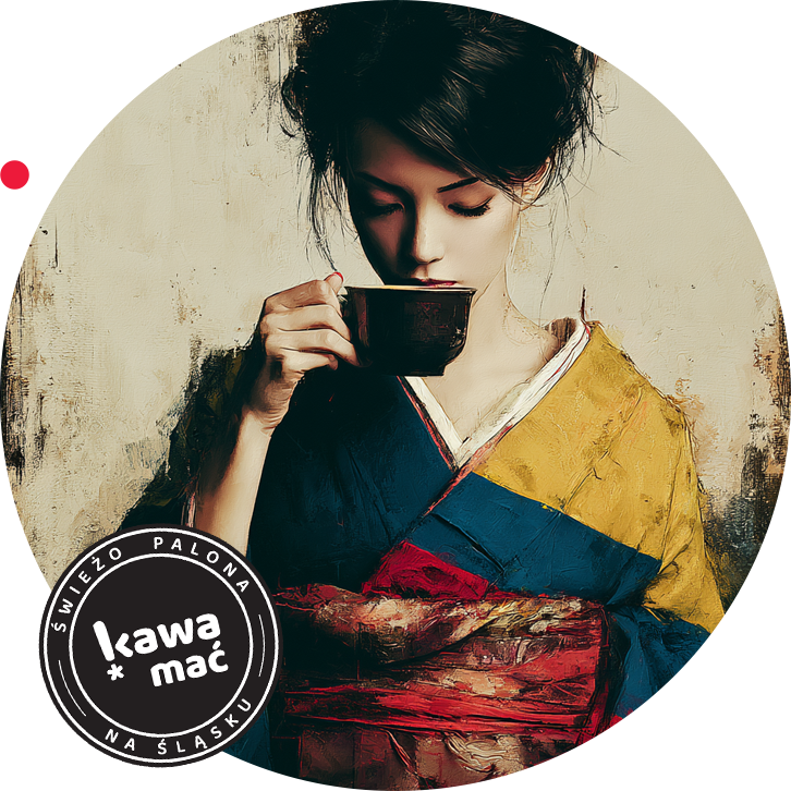 Geisha w ubrana w kimono w kolorach flagi Kolumbii