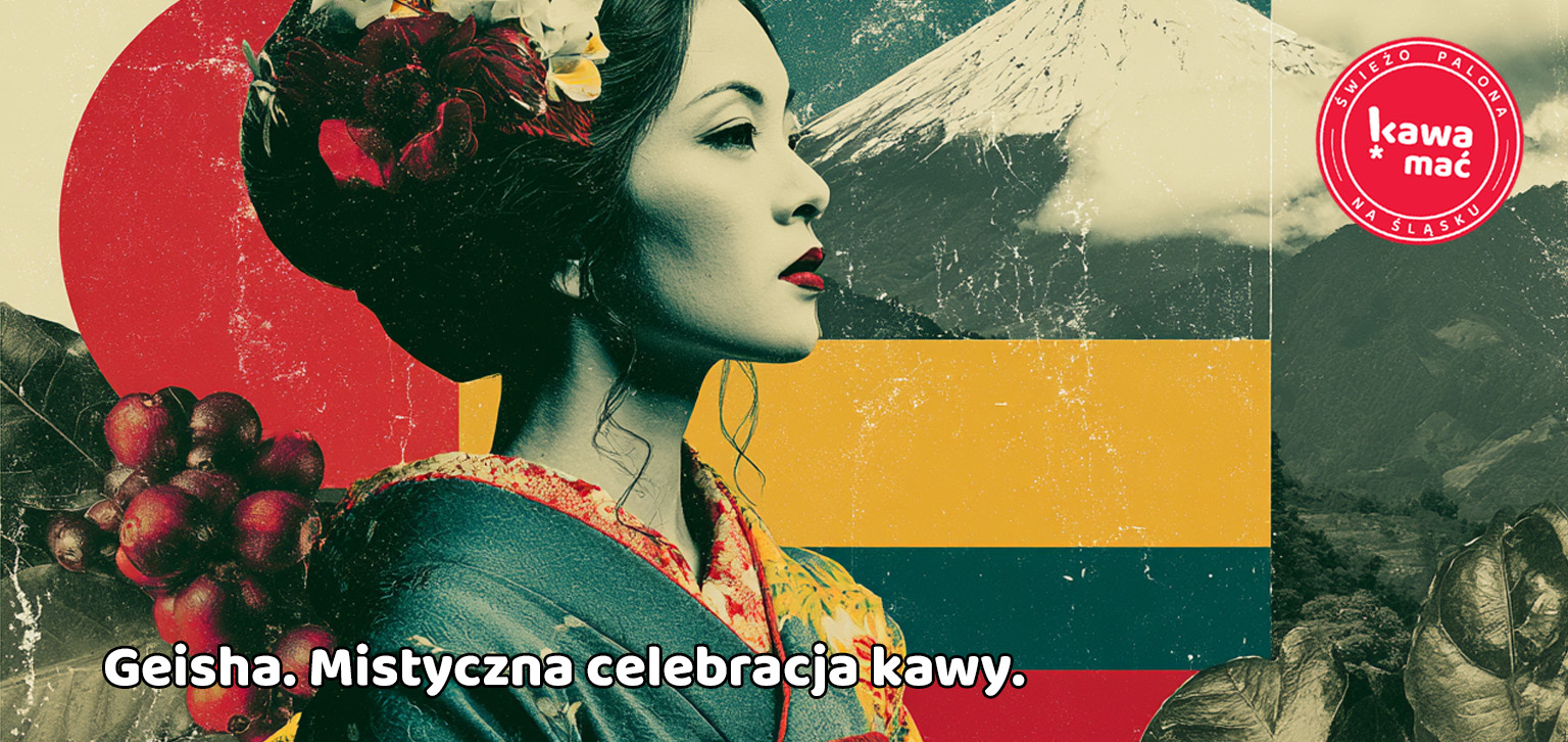 Kolaż w japońskm stylu - geisha, ziarna kawowca, kawa