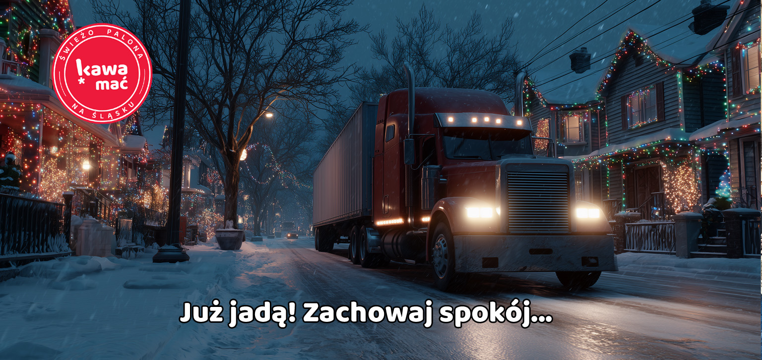 ciężarówki z motywem świątecznym przejeżdżają przez miasto