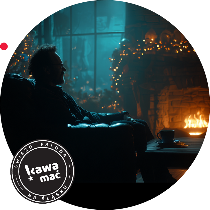 mężczyzna zmęczony świętami odpoczywa przed kominkiem