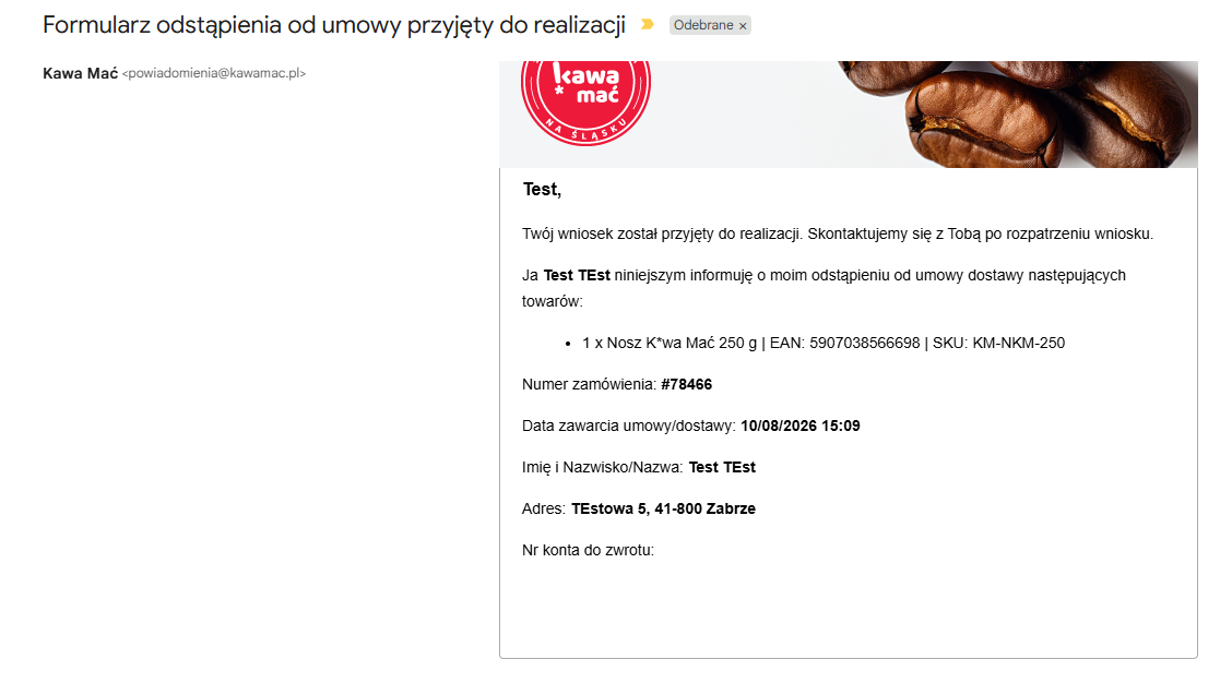 Wiadomość email potwierdzająca zwrot